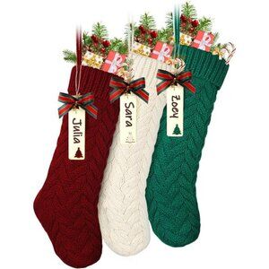 Knit Christmas Stockings with Name Tags, 3 Pack 18" Large Cable Xmas Stockings